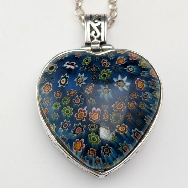 Vintage Millefiori Glass & Sterling Silver Pendant & Sterling Silver Azuki Chain Necklace, Total 80g
